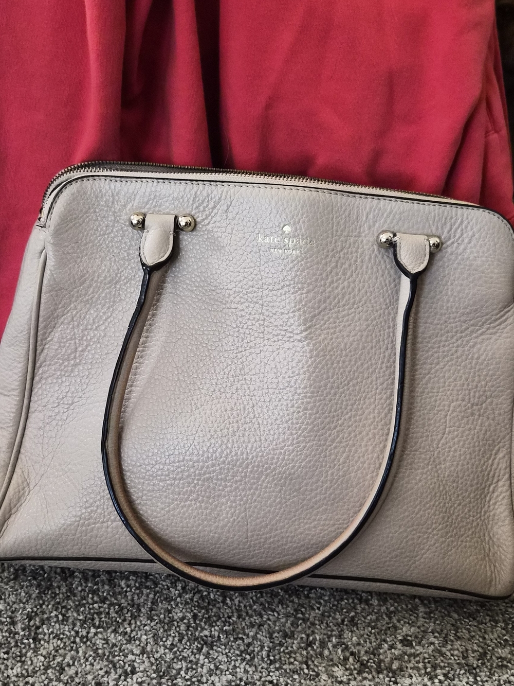 Kate Spade New York Pebbled Leather Satchel Tote Bag Gray Taupe Large Zip Purse